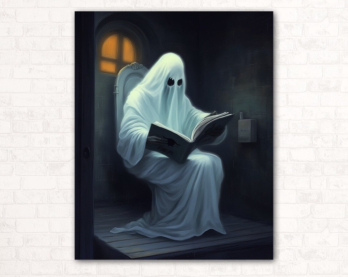 Funny Ghost Reading Book on Toilet Moody Bathroom Halloween Wall Poster - Image 2