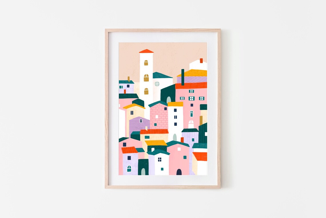 Town Colourful Art Print, Boho City Illustration