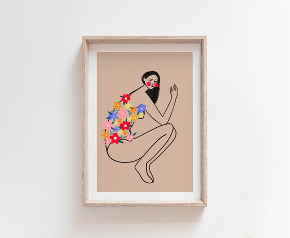 Woman With Floral Swimsuit Art Print, Minimal Decor