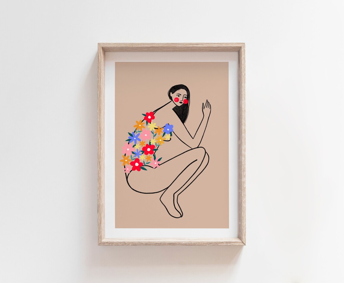Woman With Floral Swimsuit Art Print, Minimal Decor