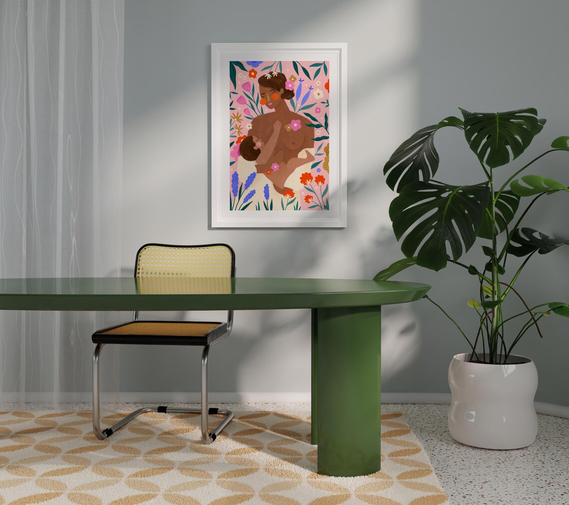 New Mother Breastfeeding Baby Floral Motherhood Illustration Poster - Image 4