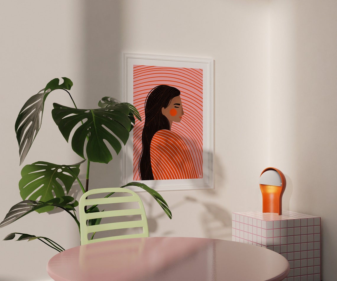 Woman Profile With Flowing Dark Hair Orange Stripes Portrait Poster - Image 2