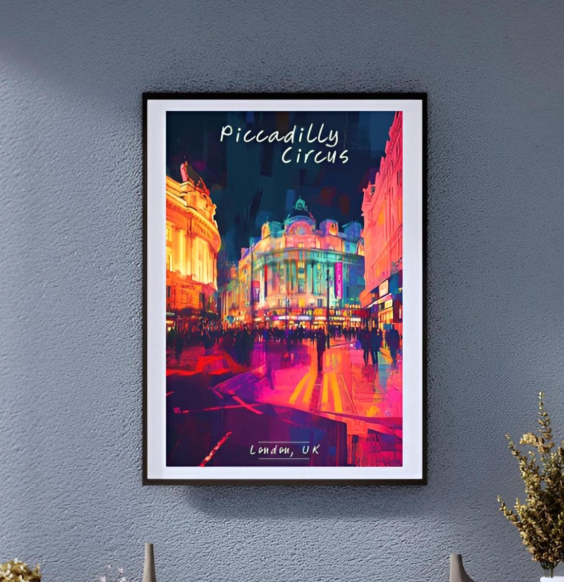 Vintage Piccadilly Circus London Neon Night Street Scene Poster