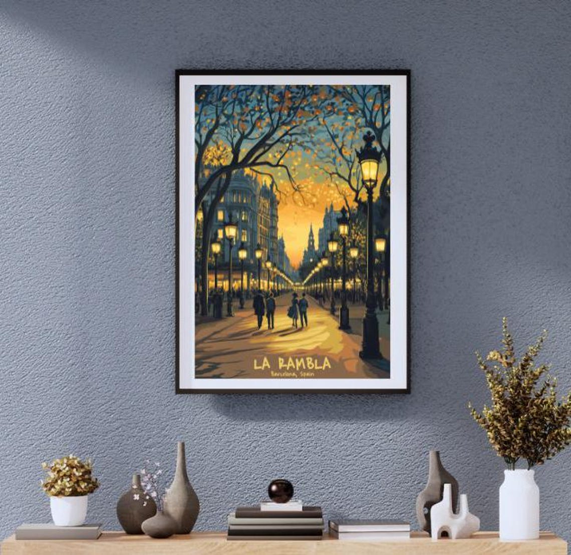 Vintage La Rambla Barcelona Night Boulevard Lights Walk Poster
