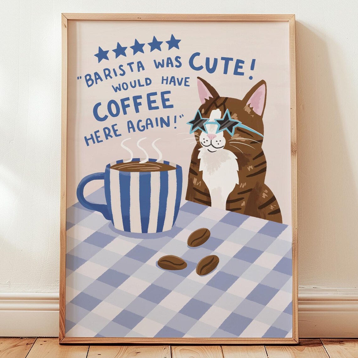 Cute Cat Barista Coffee Print, Retro Kitchen Decor
