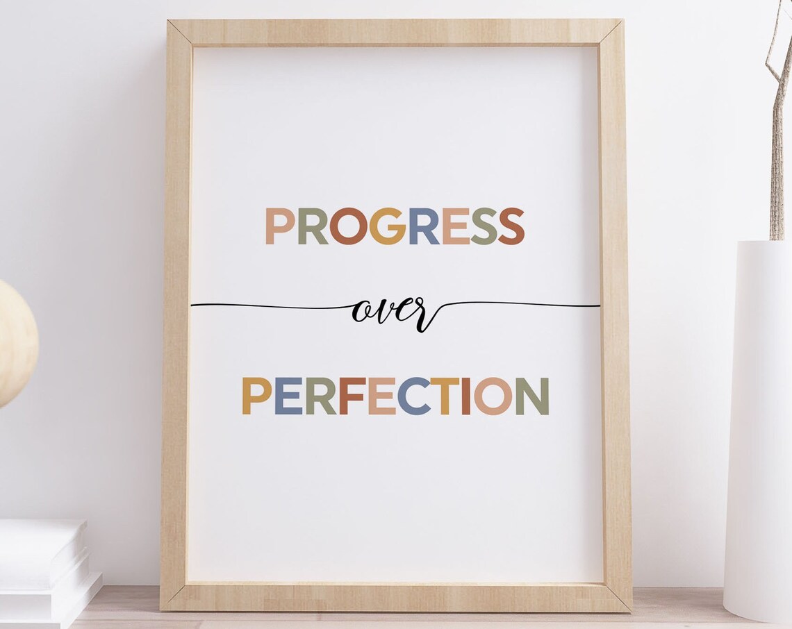 Progress Over Perfection Wall Art Motivational Typography Print Cute Modern Boho Playroom Art Classroom Sign Instant