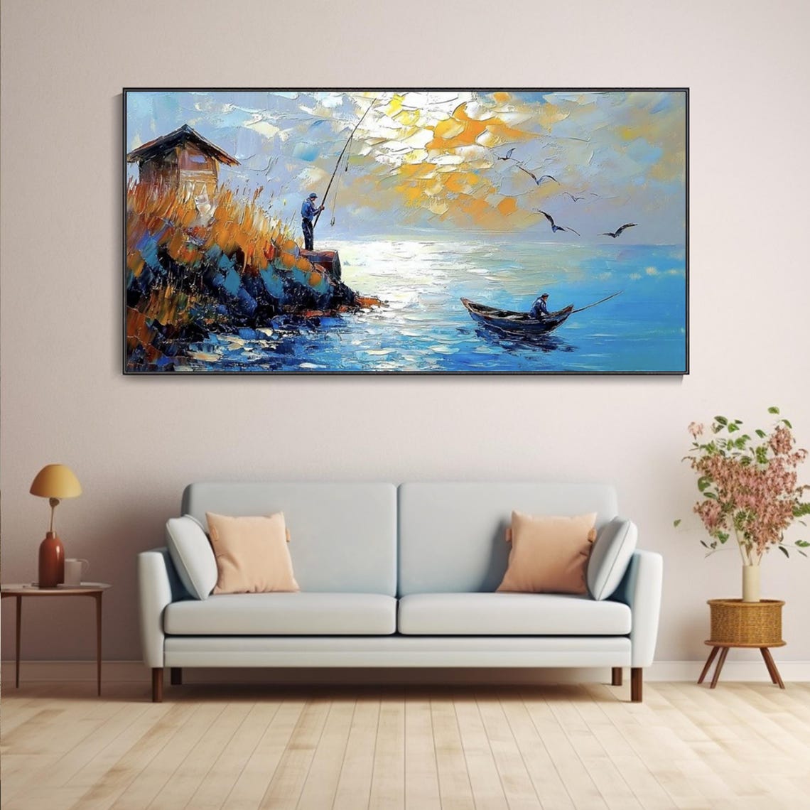 Blue Ocean Sunset Textured Wall Art Painting Fishing Enthusiasts Collectibles On Seagulls Sailboat Landscape Painting Living Room - Image 4