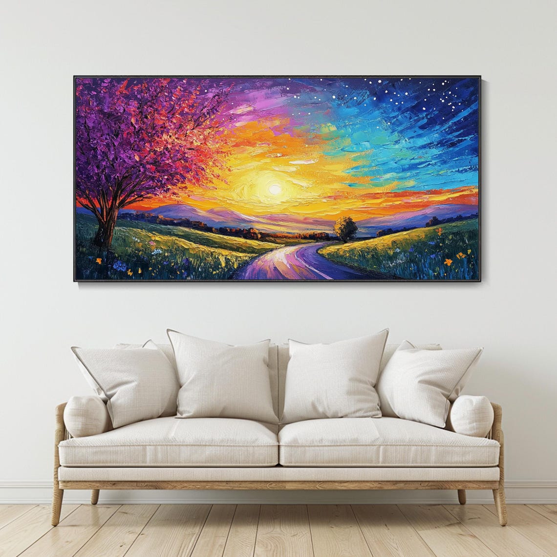 Sunset Starry Night Sky Mountain Country Road Oil Painting Poster - Image 2