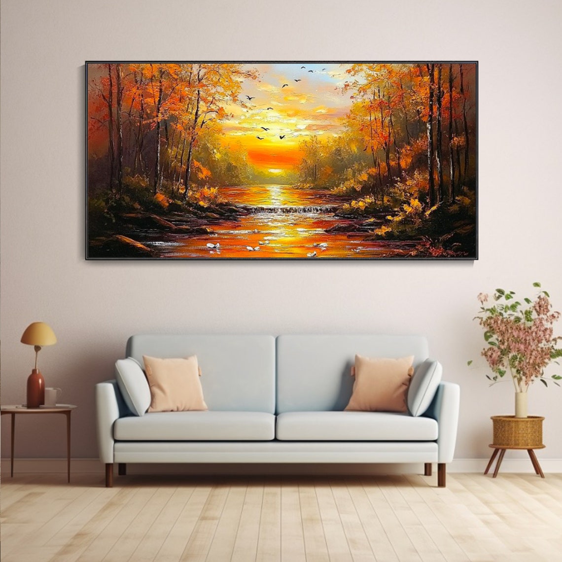 Golden Sunset Autumn Forest River Birds Romantic Landscape Poster - Image 3