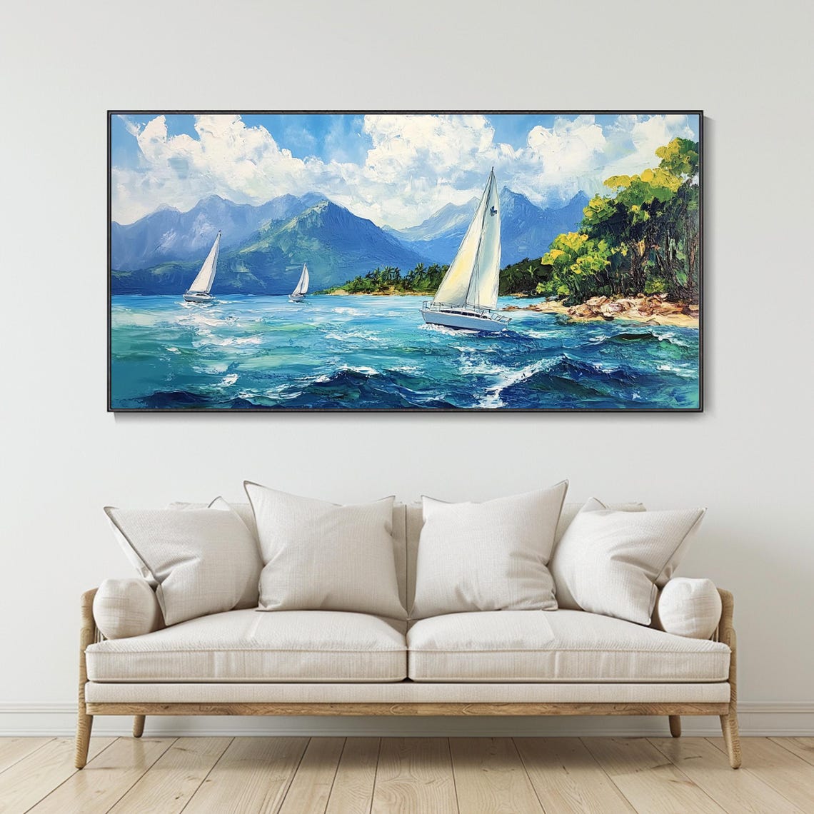 Sailboats Racing on Turquoise Sea Mountains Coastal Painting Poster - Image 3
