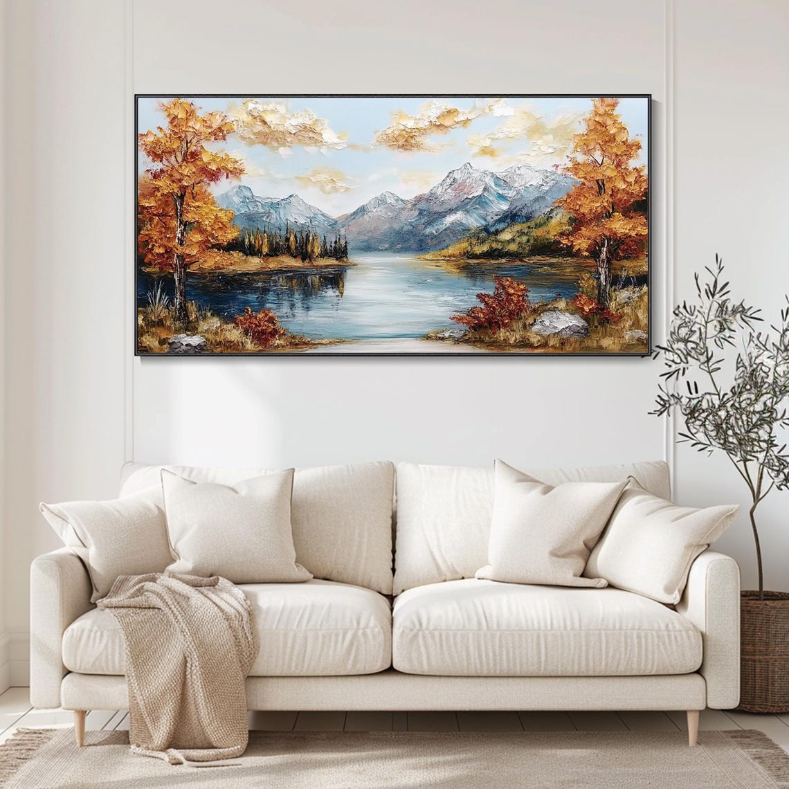 Autumn Mountain Lake With Snowy Peaks Fall Landscape Painting Poster - Image 4