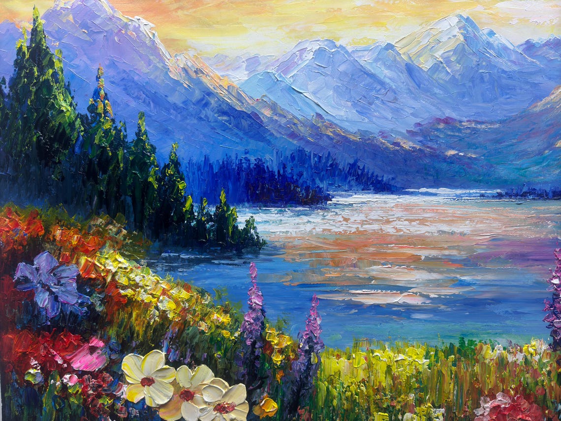 Wildflower Meadow Mountain Lake Sunset Purple Peaks Landscape Poster - Image 2