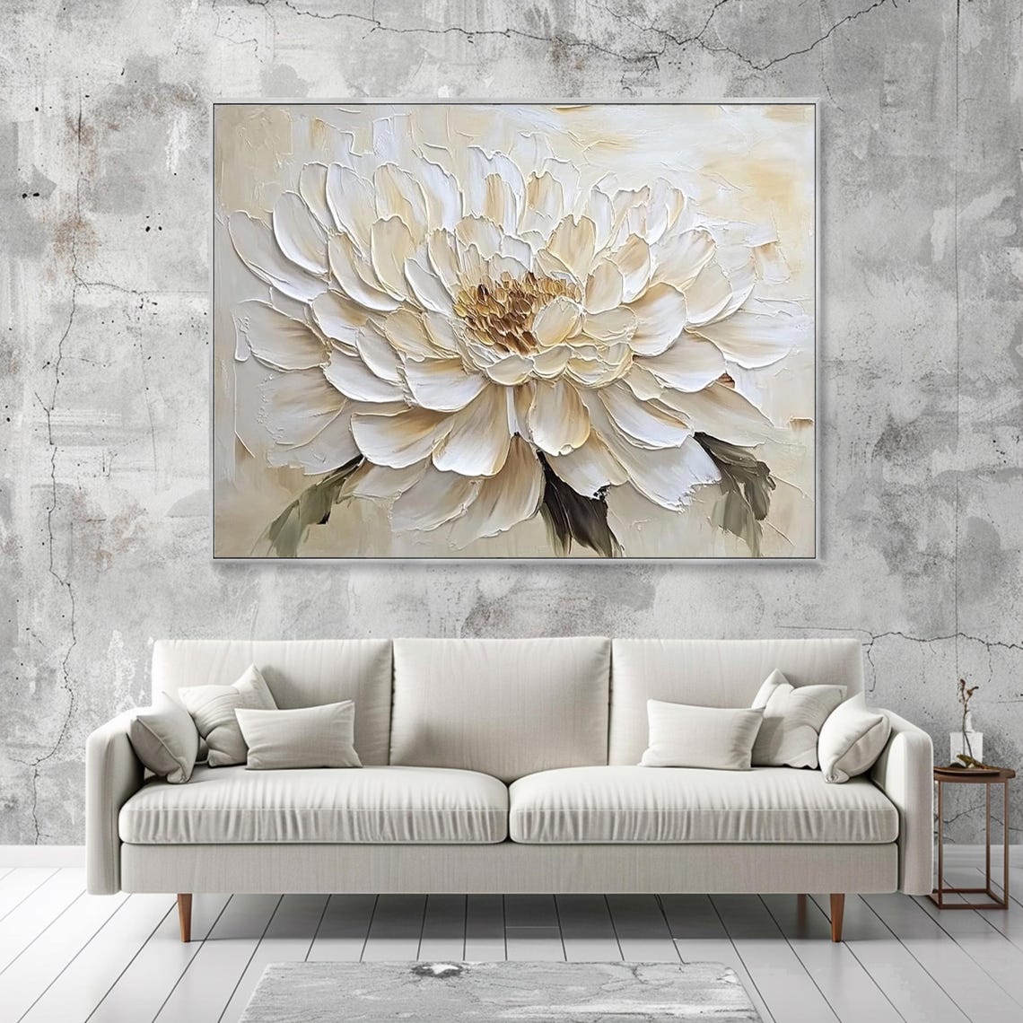 Giant White Flower Close Up Neutral Beige Impasto Textured Poster - Image 2