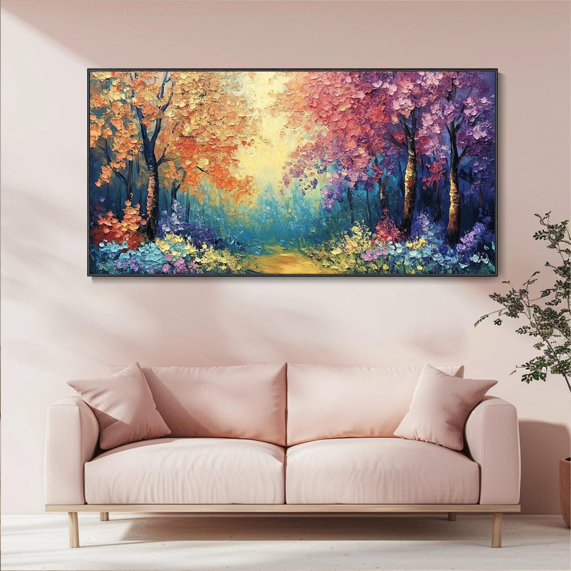 Colorful Four Season Forest Path Textured Oil Painting Poster - Image 5
