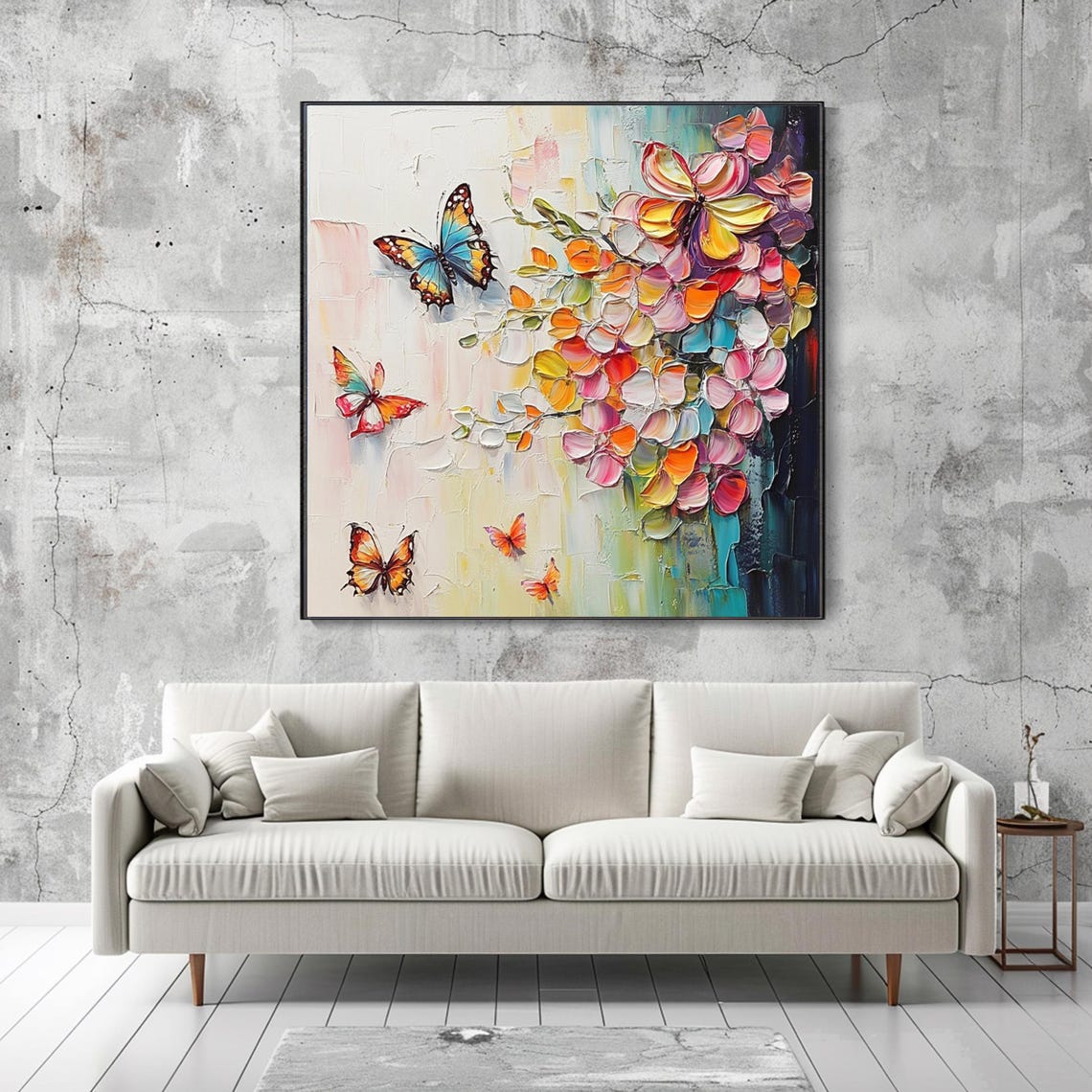 Colorful Blossom Branch with Butterflies Textured Floral Art Poster - Image 2