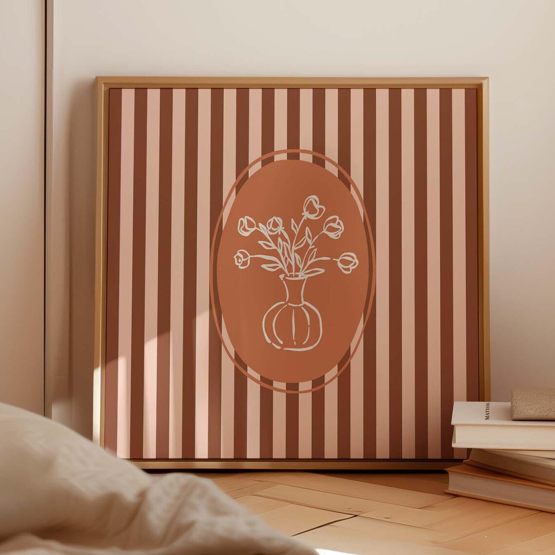 Striped Floral Vase Retro Flower Terracotta Oval Wall Decor Poster