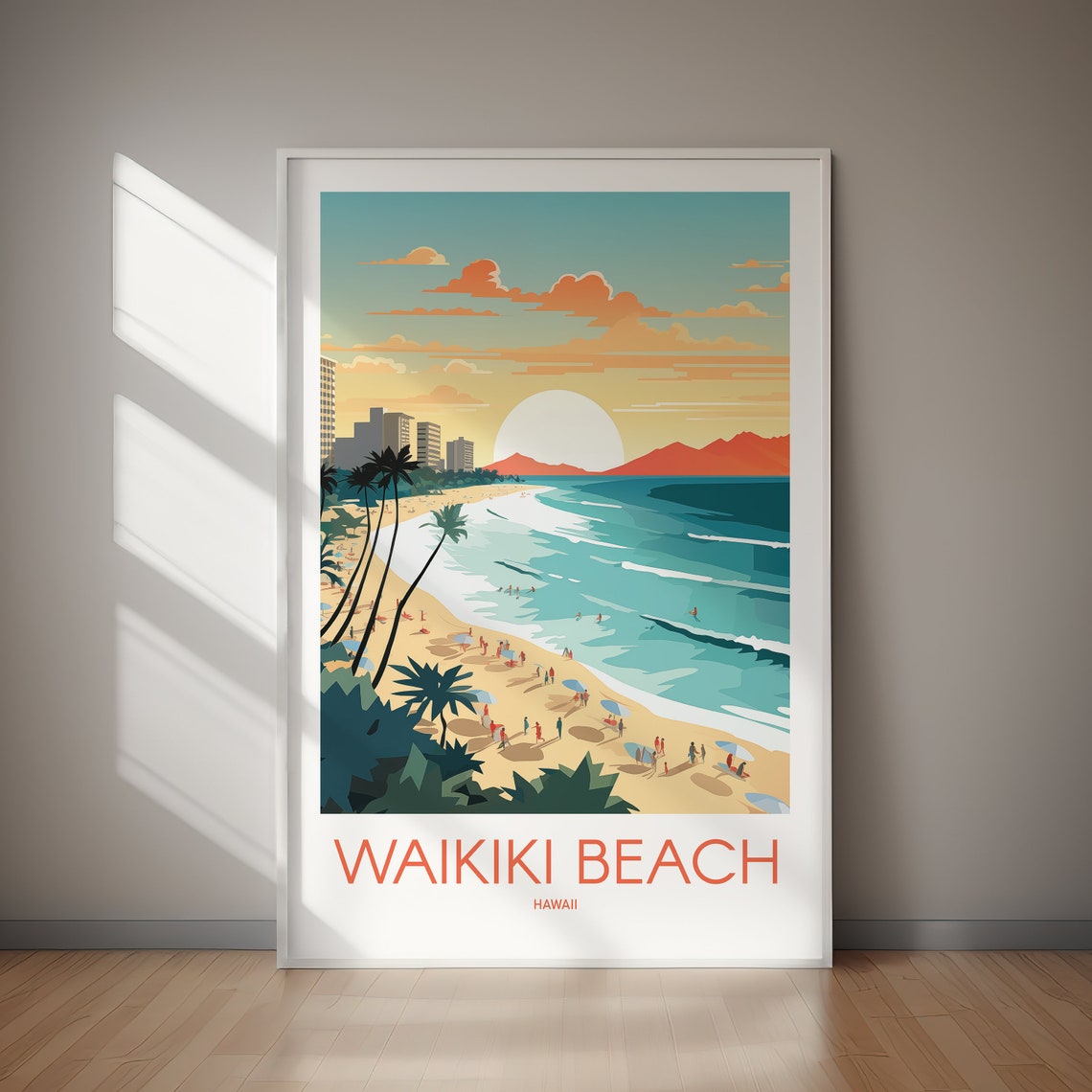Waikiki Beach Hawaii Sunset Surf Palms Skyline Travel Poster