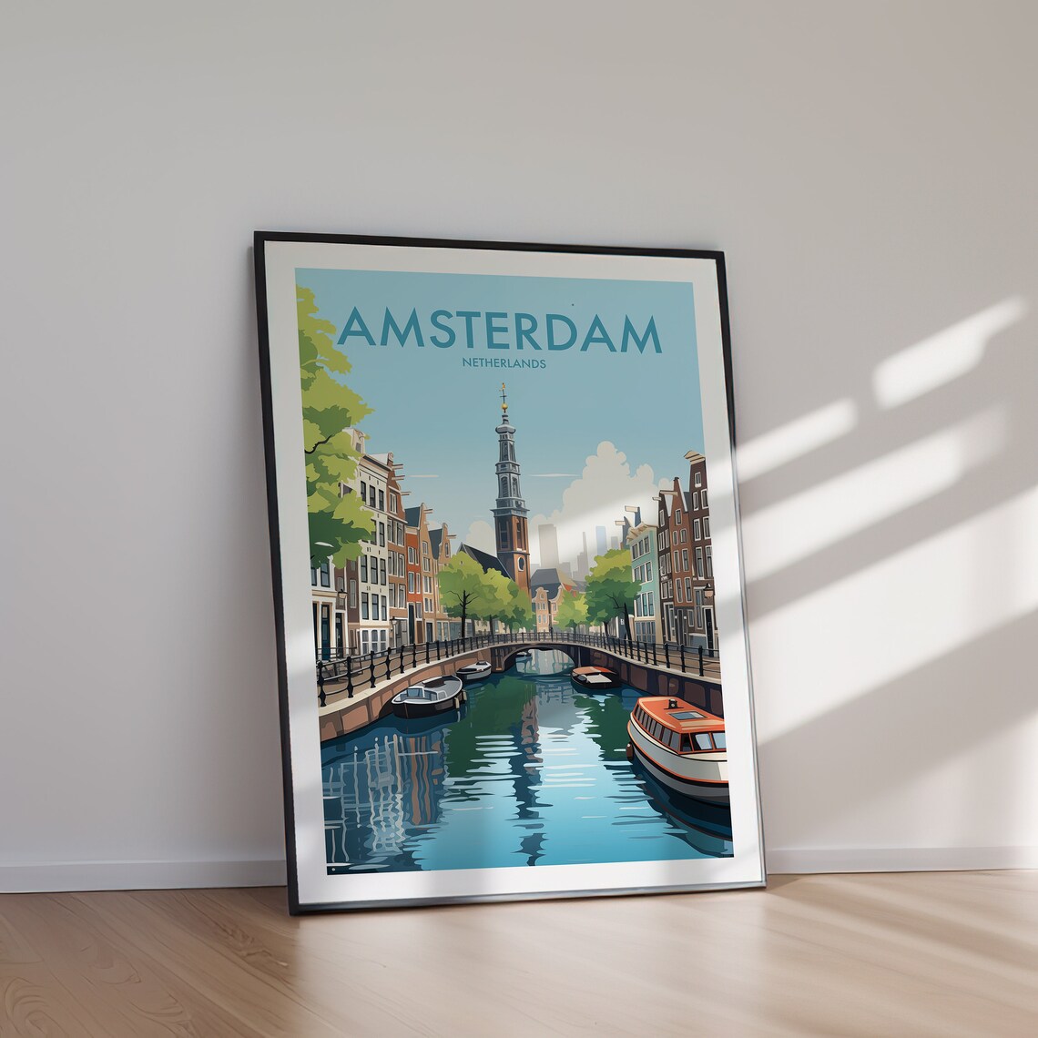 Amsterdam Netherlands Canal Vintage Travel Poster Church Tower Art - Image 2