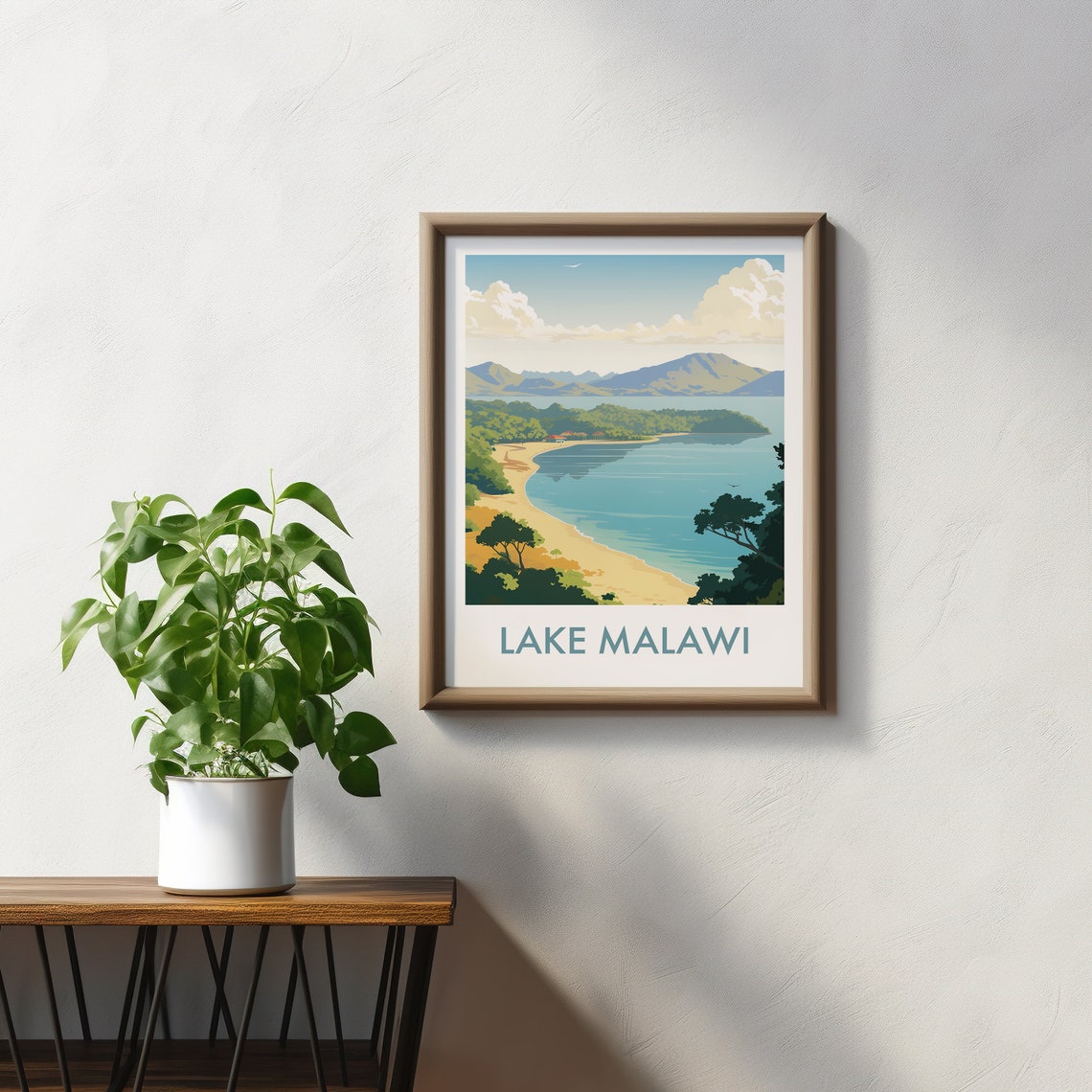 Lake Malawi Africa Sandy Beach Palms Mountain Travel Art Poster - Image 2