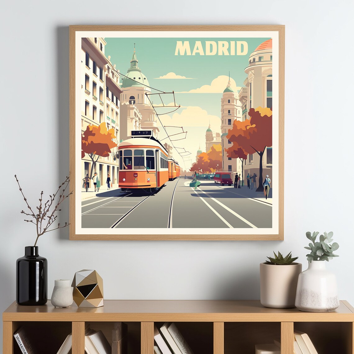 Madrid Vintage Tram Street Scene Travel Poster Autumn City Art