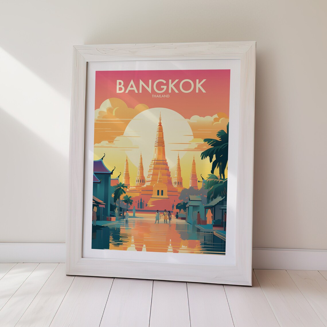 Bangkok Thailand Temple Skyline Sunset Vintage Travel Poster - Image 2