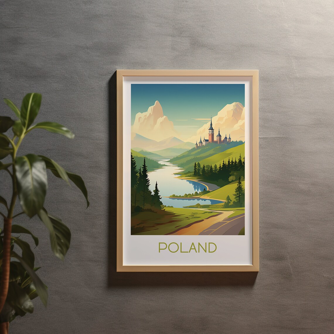 Poland Mountain Lake Valley Church Spires Scenic Travel Poster