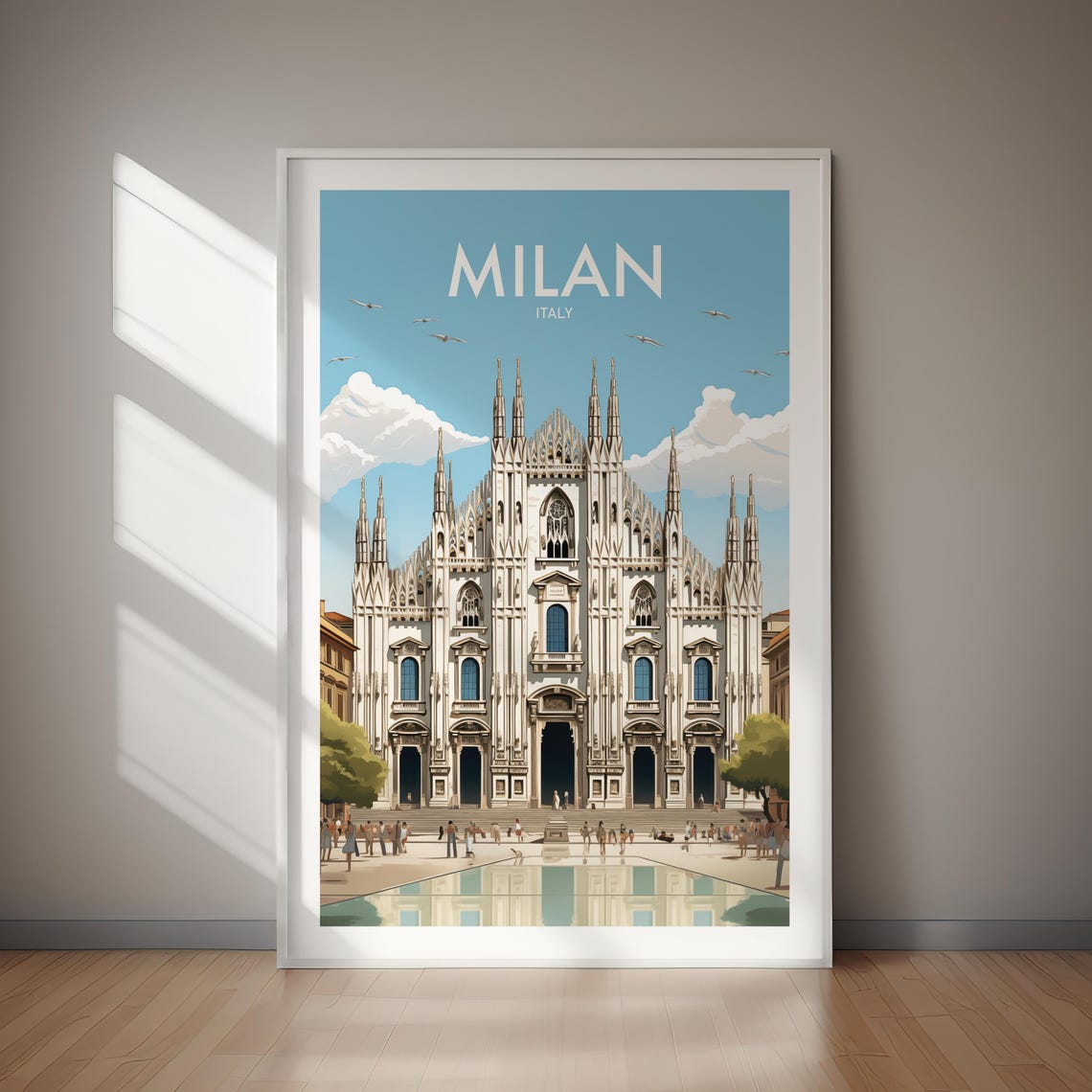 Milan Italy Duomo Cathedral Piazza Blue Sky Vintage Travel Poster