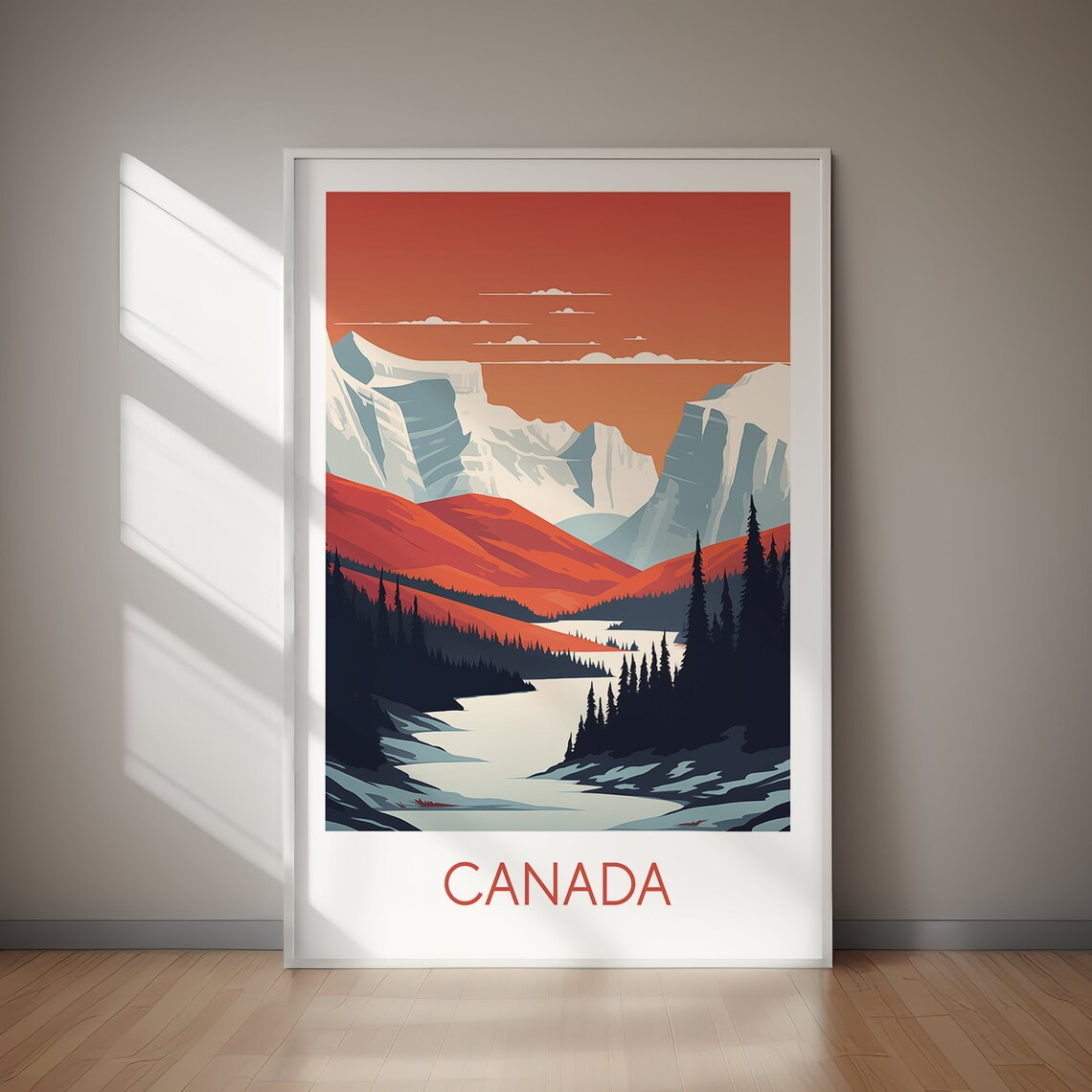 Canada Snowy Peaks Red Hills River Alpine Vintage Travel Poster