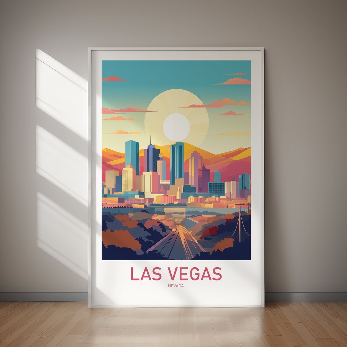 Las Vegas Nevada Skyline Desert Sunset Retro Travel Poster Artwork