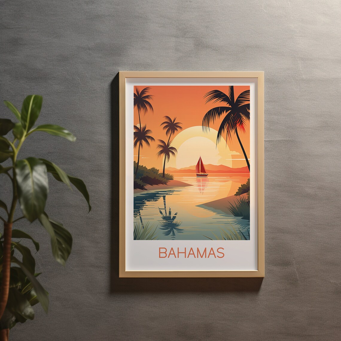 Bahamas Tropical Palm Trees Sailboat Lagoon Sunset Travel Poster