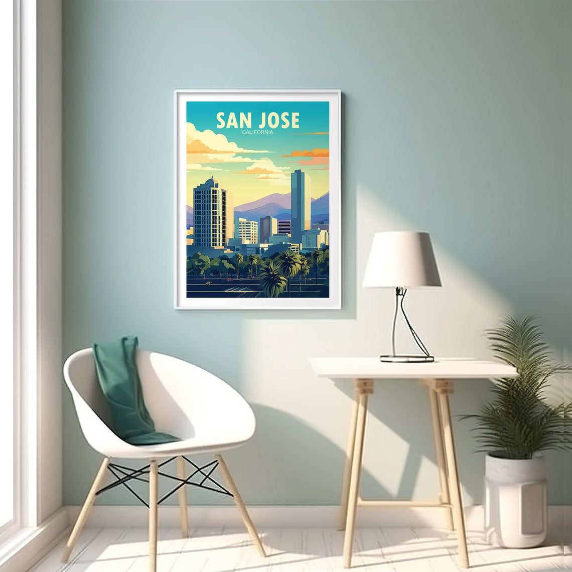 San Jose California Skyline Palms Mountains Retro Travel Poster Art - Image 2