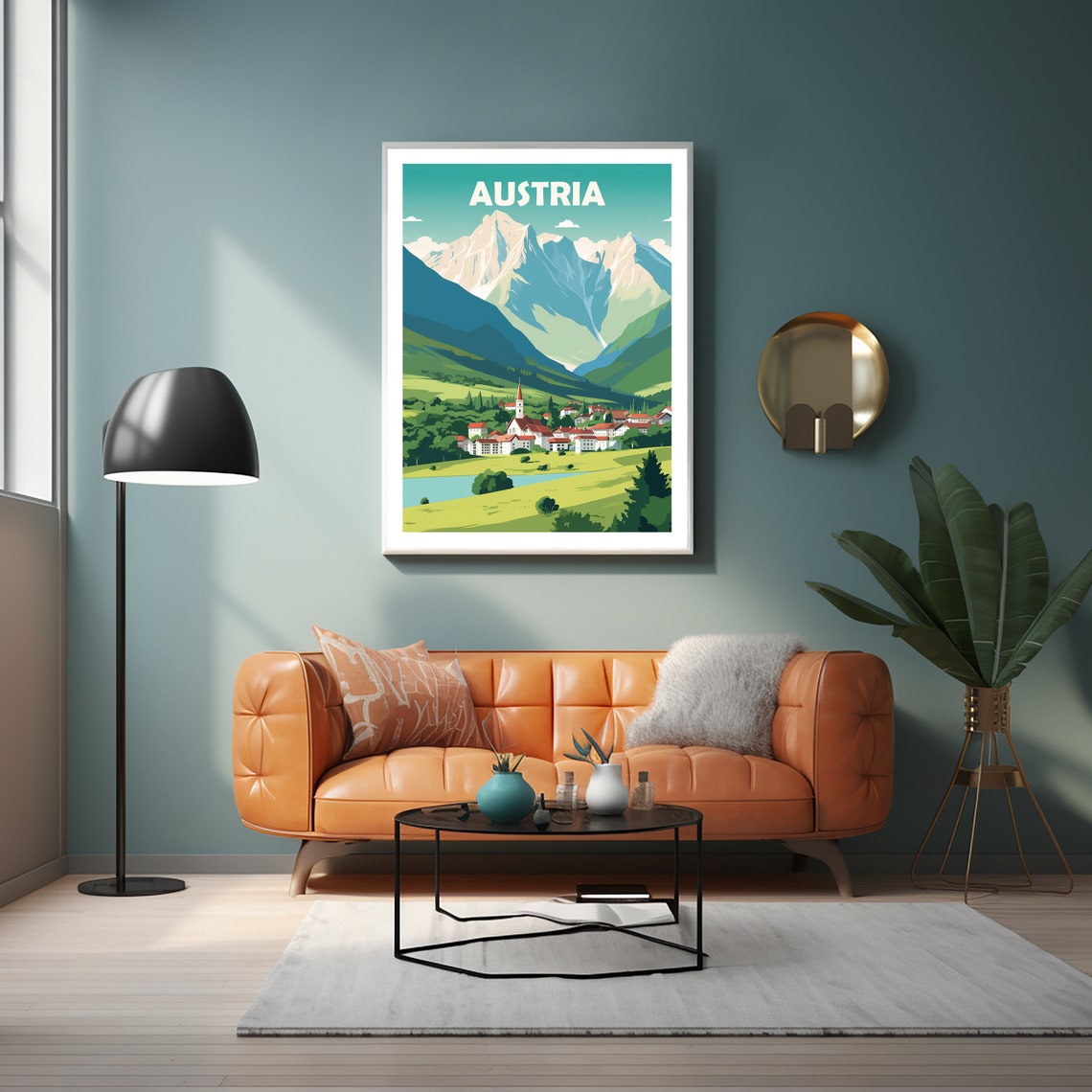 Austria Alpine Village Mountain Valley Retro Style Travel Poster