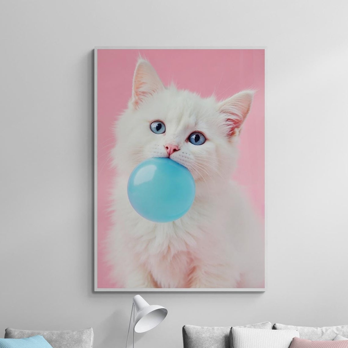 White Cat Blowing Bubblegum Poster Funny Kitten Pink Playful Cheeks