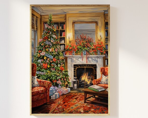 Vintage Christmas Living Room Tree Fireplace Mantel Art Print