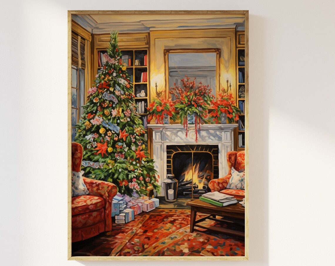Vintage Christmas Living Room Tree Fireplace Mantel Art Print