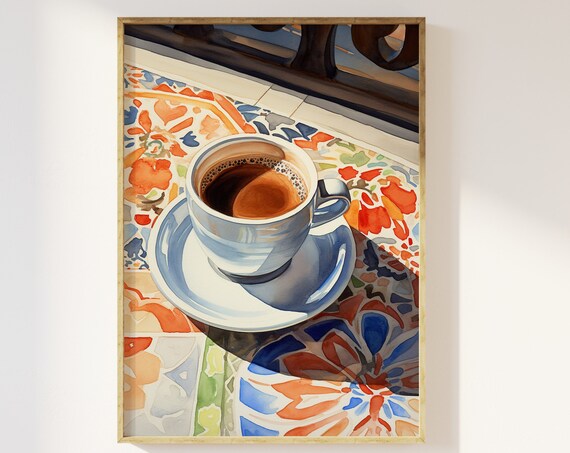 Cup Of Coffee On Tiled Table, Moroccan Style Art Print