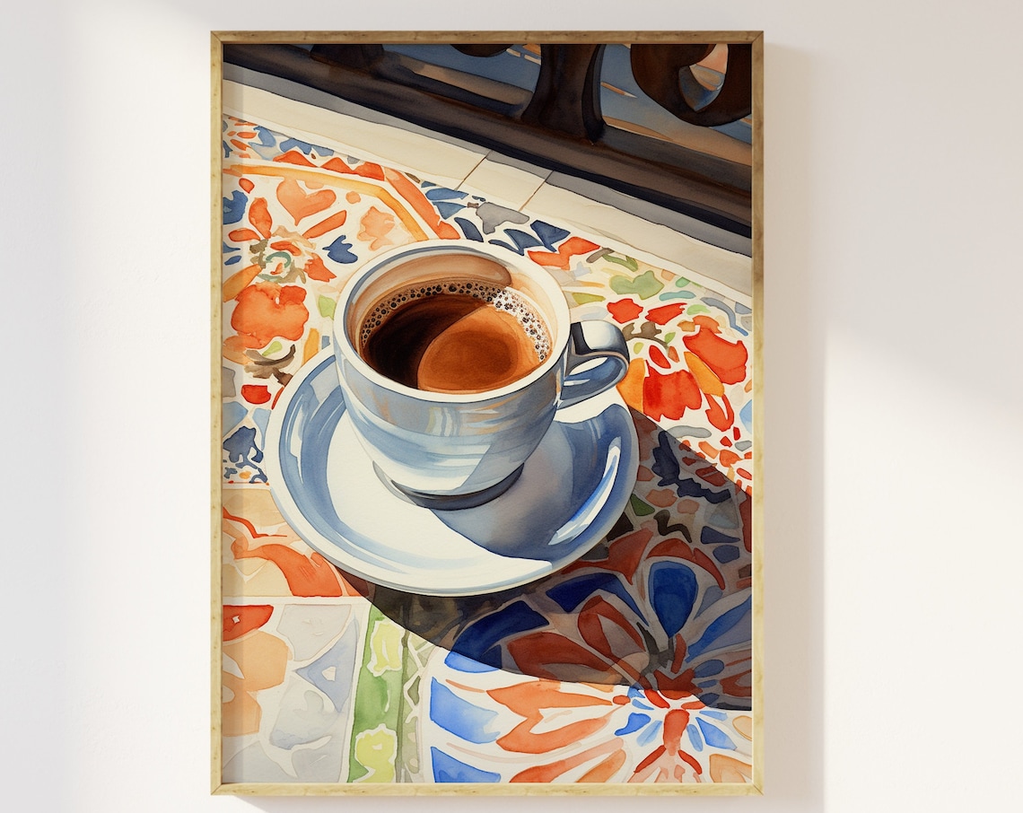 Cup Of Coffee On Tiled Table, Moroccan Style Art Print