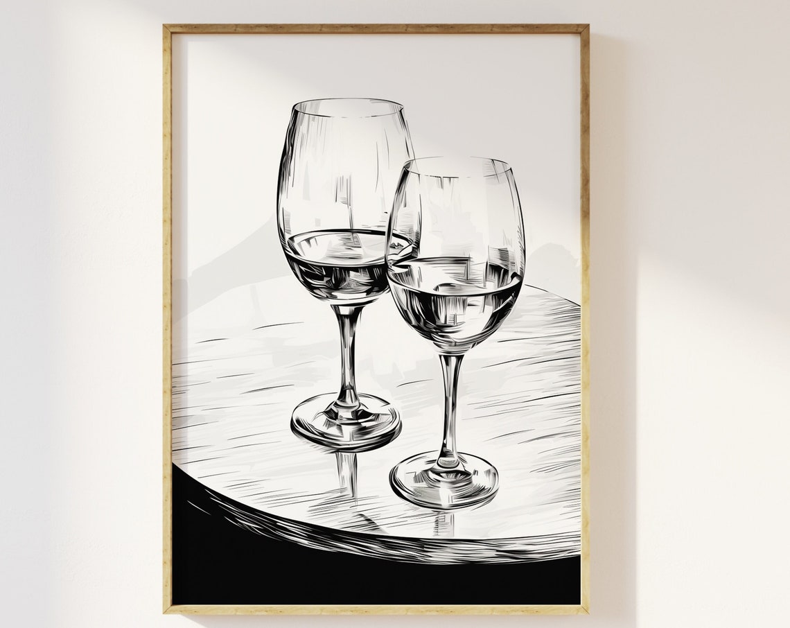 Two Wine Glasses Minimalist Black and White Sketch Art Print