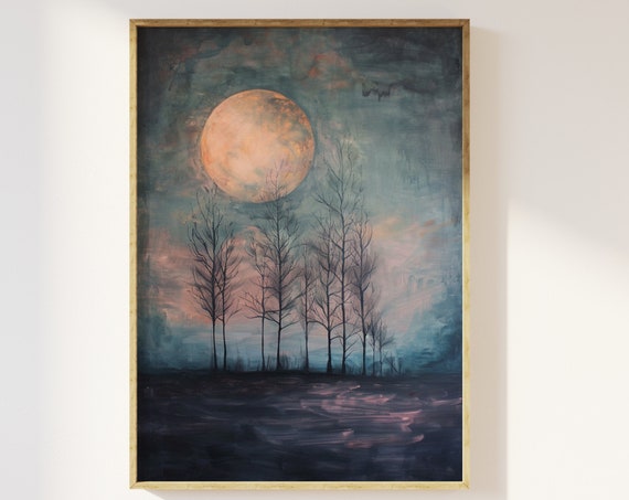 Full Moon Above Solitary Trees Art Print, Dark Academia