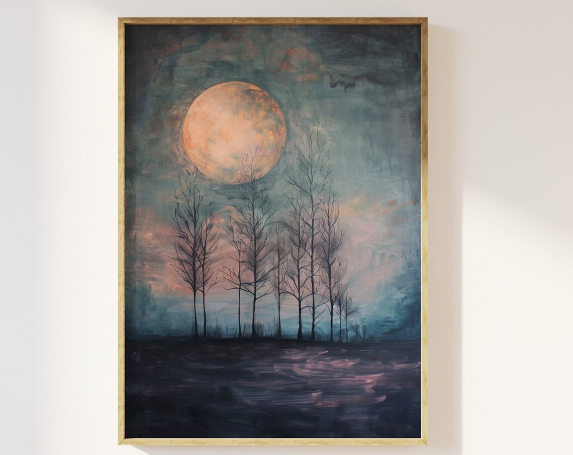 Full Moon Above Solitary Trees Art Print, Dark Academia