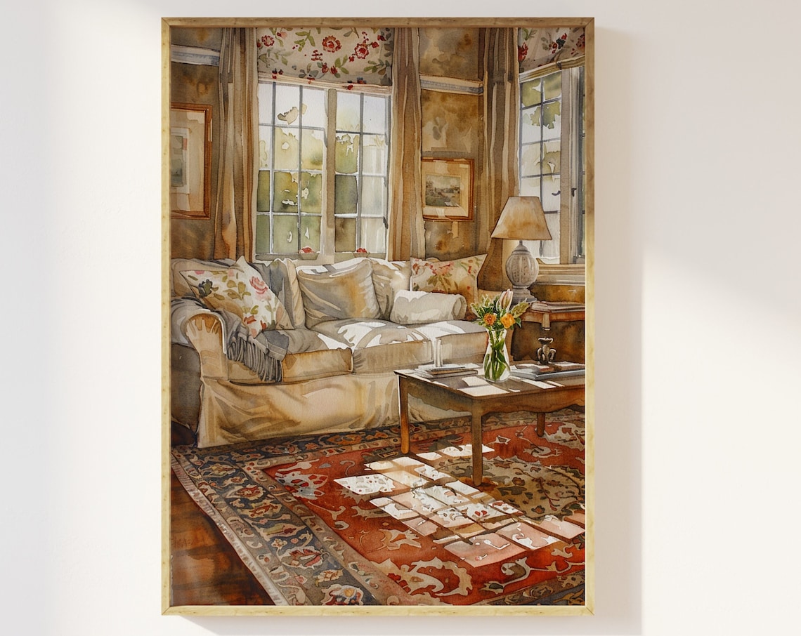 Cosy Traditional Living Room Sunlit Watercolor Interior Art Print