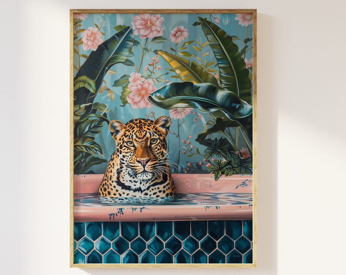 Leopard Taking A Bath Art Print, Eclectic Bathroom Decor