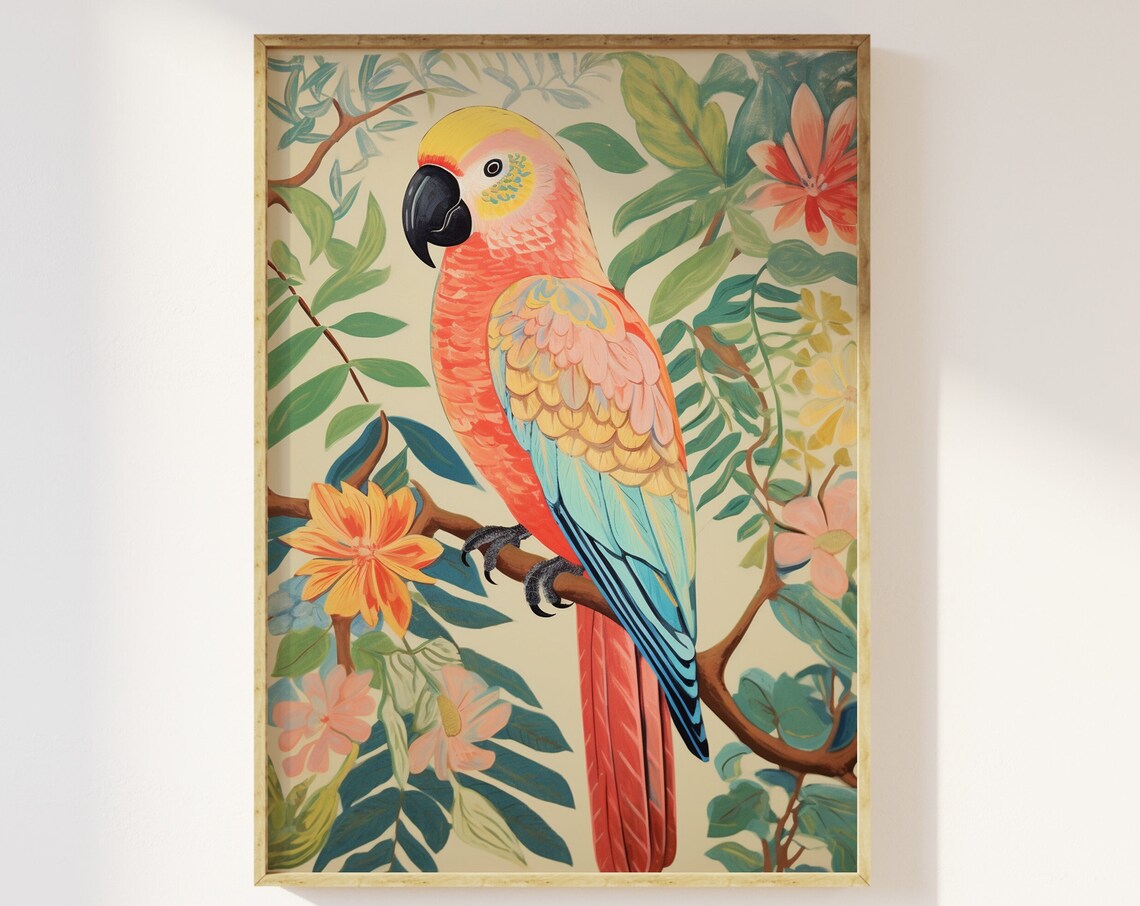 Parrot In Pastel Botanical Jungle Art Print