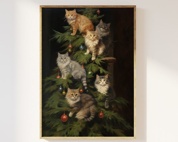 Cats Climbing Christmas Tree Art Print, Festive Humor