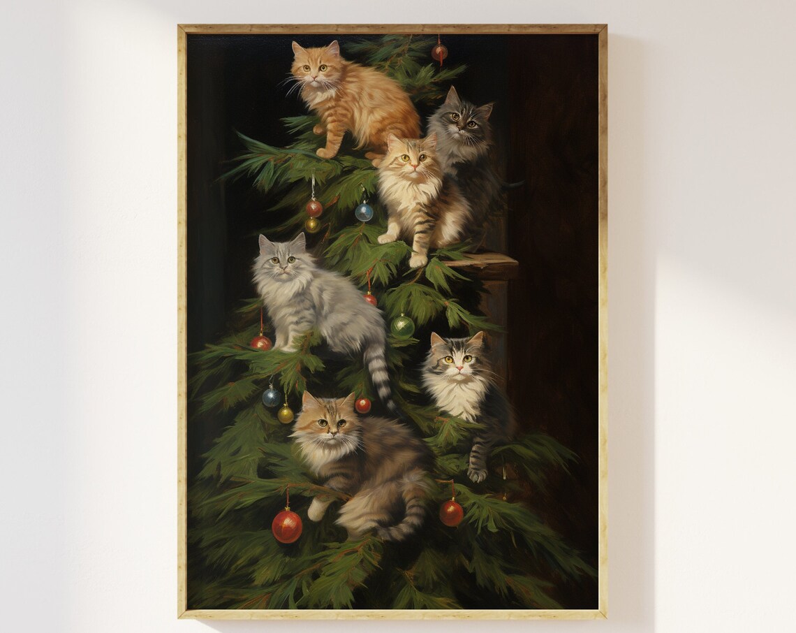 Cats Climbing Christmas Tree Art Print, Festive Humor
