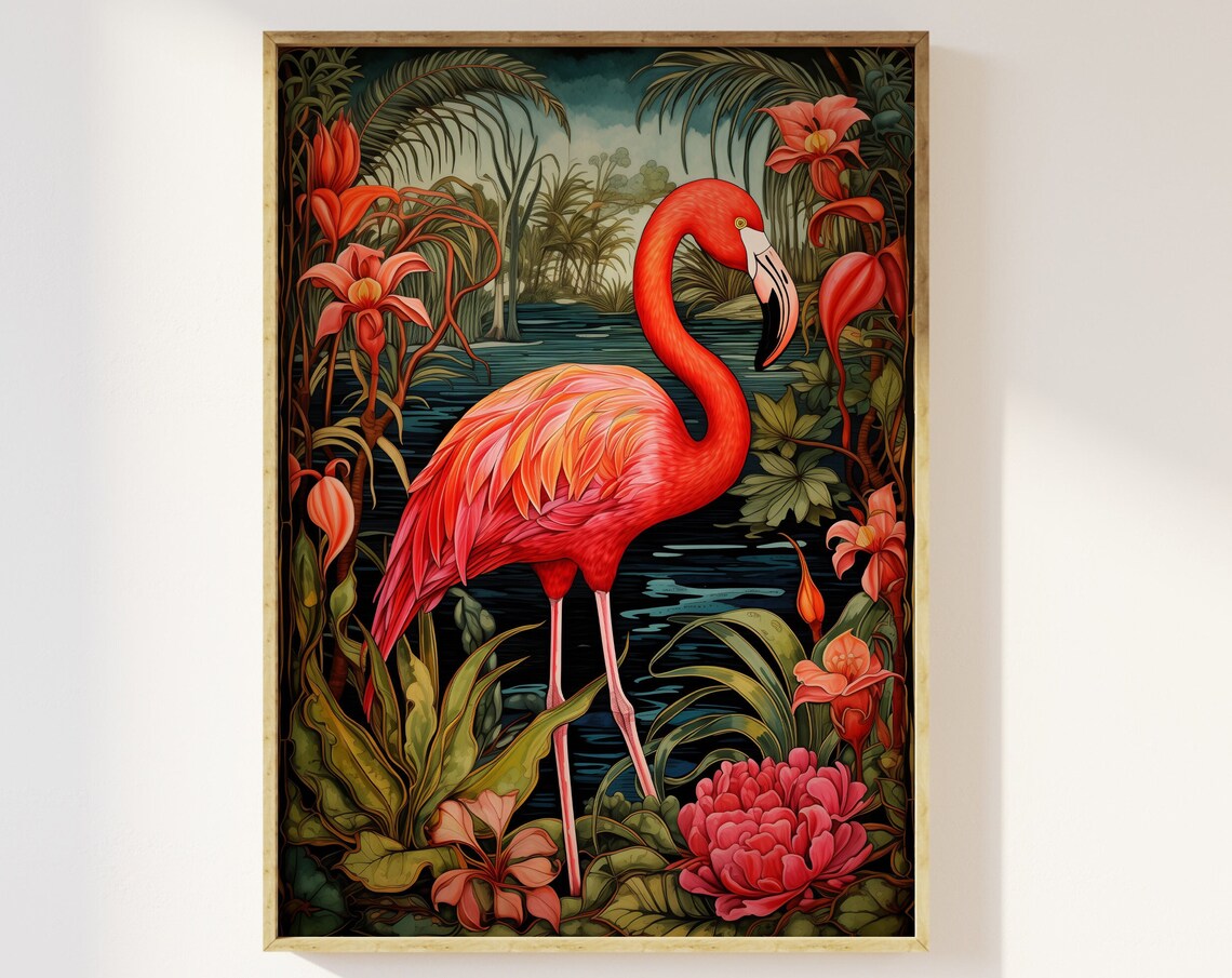 Botanical Flamingo William Morris Style Art Print