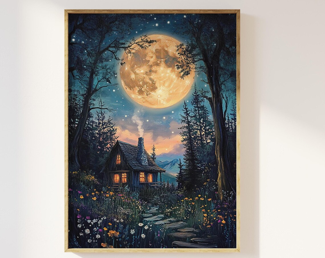 Mystical Cottage Under Full Moon Art Print