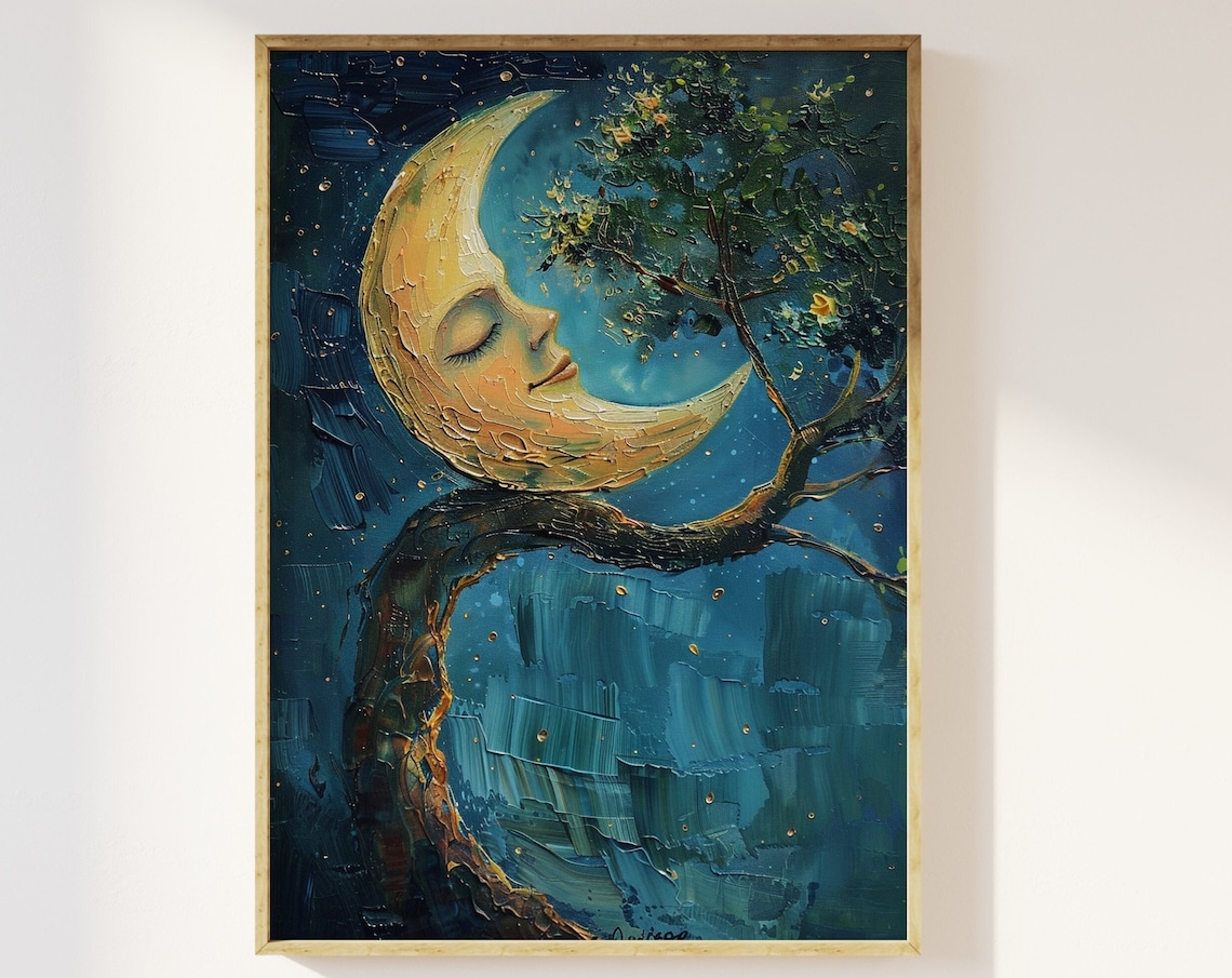 Moon Resting On Tree Branch, Celestial Bedroom Art Print