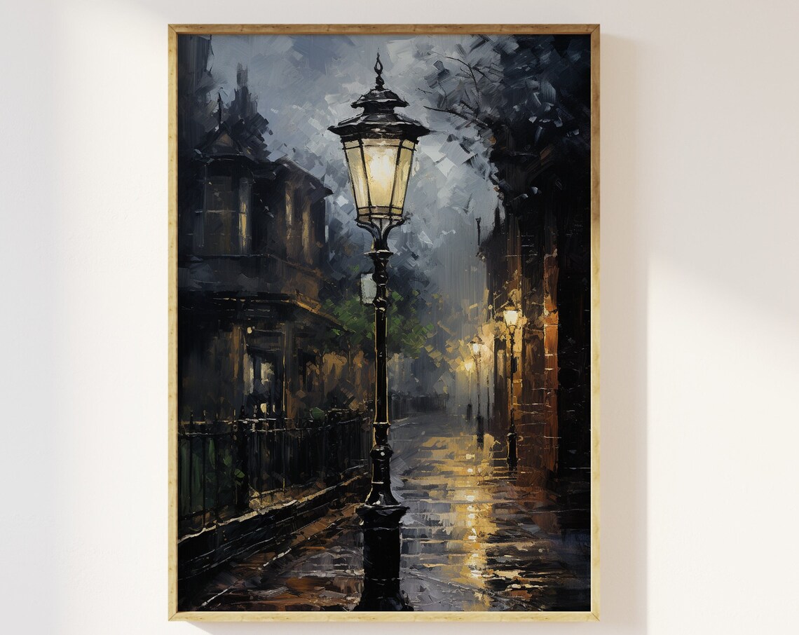 Victorian Street Lamp Moody Art Print, Dark Academia