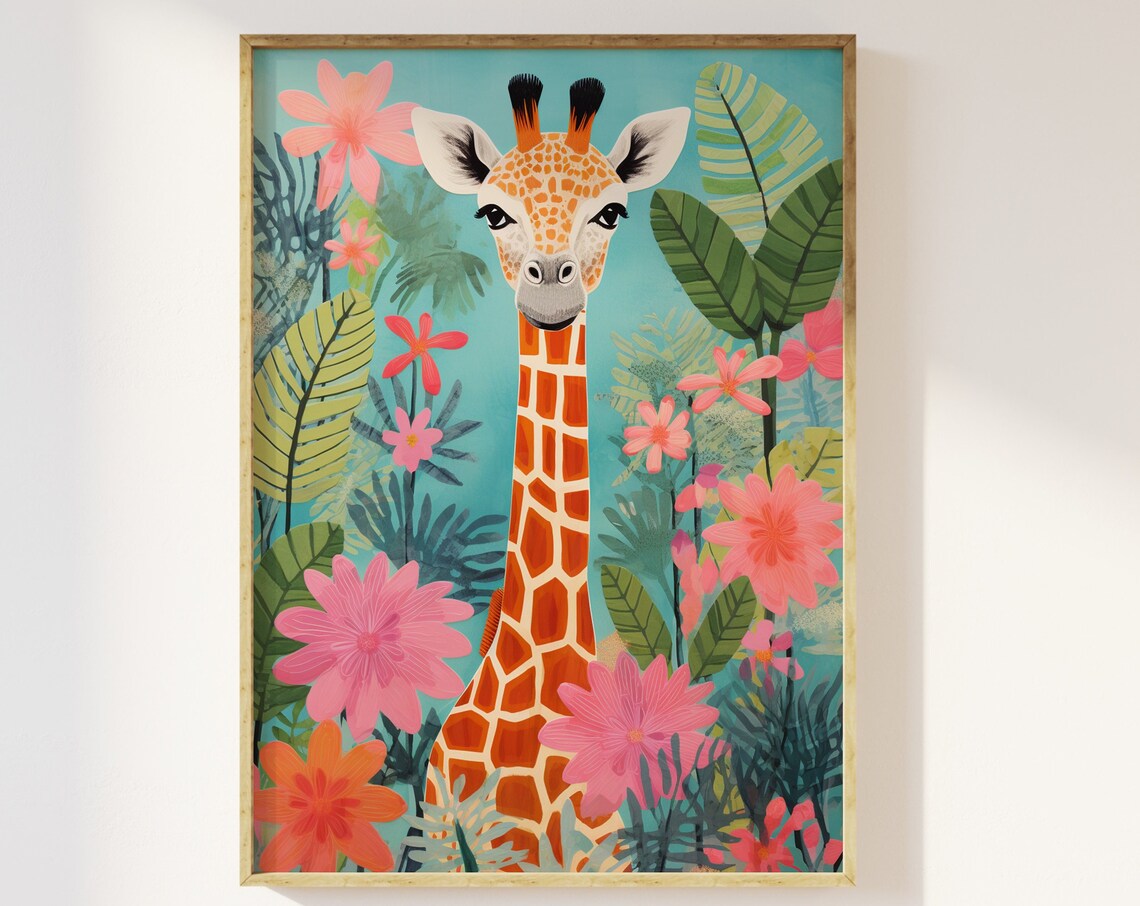 Giraffe In Pastel Botanical Jungle Art Print